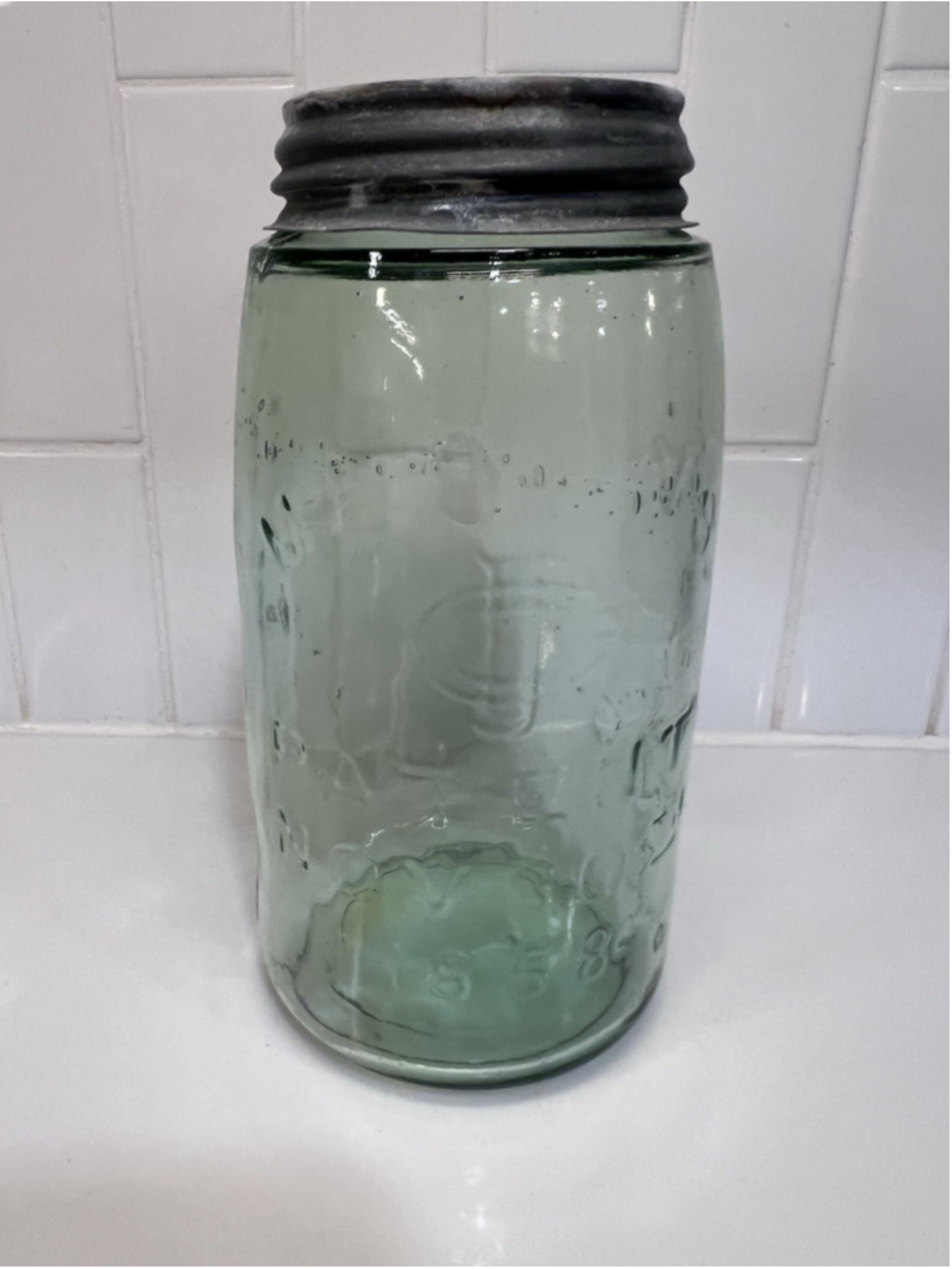 Vintage Apple Green Masons CFJ Quart Fruit Jar With Zinc Lid Patent Nov 30 1858